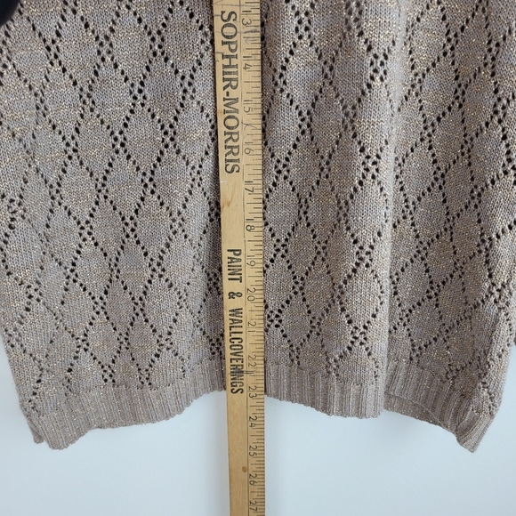 Jason Maxwell tan loose weave v-neck cardigan tie front metallic boho grandma M - Picture 4 of 11